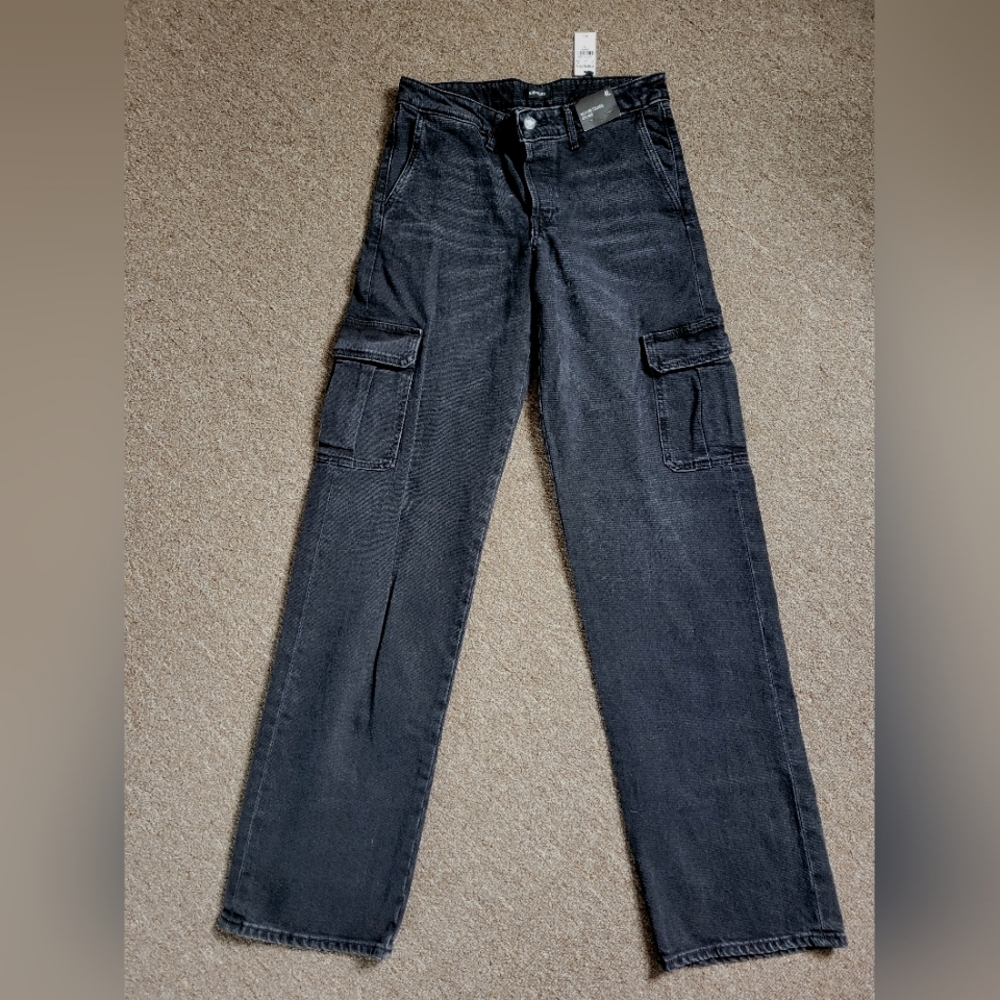 Express relaxed straight low rise baggy cargo black jeans womens 4L long